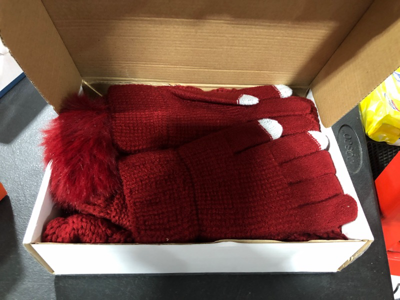 Photo 1 of Aneco Womens Winter Warm Sets Knitted Fur Pompoms Beanie Hat Circle Loop Scarf Touch Screen Gloves Winter Favor Accessories Wine Red