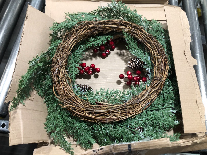 Photo 2 of 23” Artificial Christmas Wreath for Front Door with Pine Cone, Red Berries, Burlap Ribbon & Snowflake, Indoor Outdoor Holiday Wall Wreath Flocked with Mixed Decorations.
