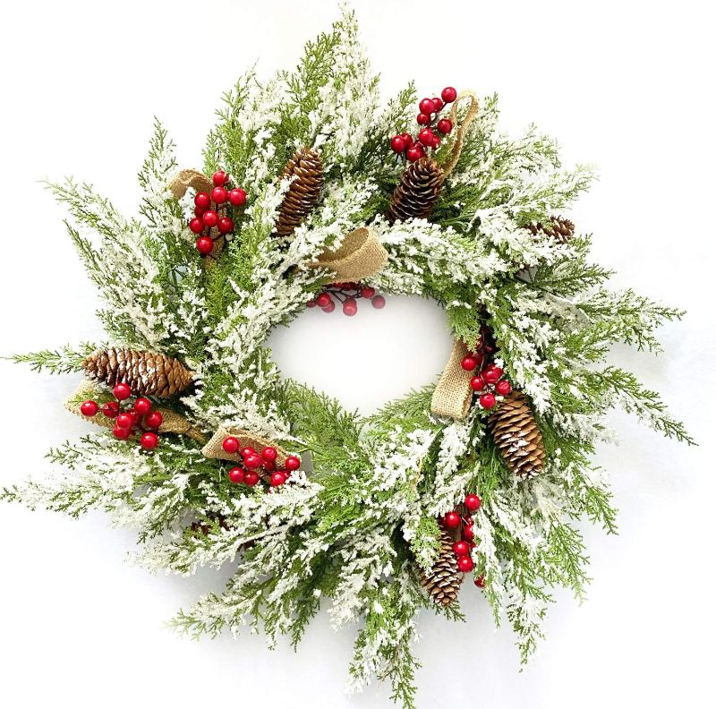 Photo 1 of 23” Artificial Christmas Wreath for Front Door with Pine Cone, Red Berries, Burlap Ribbon & Snowflake, Indoor Outdoor Holiday Wall Wreath Flocked with Mixed Decorations.
