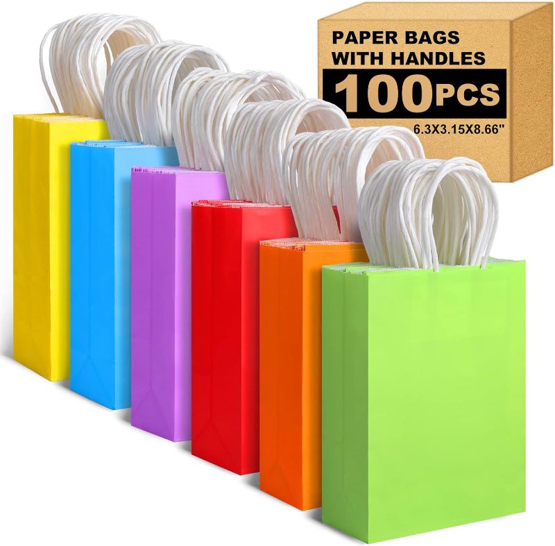 Photo 1 of 100 Pieces Paper Gift Bags, Kraft Paper Party Favor Bags Bulk with Handles for Kids Birthday, Baby Shower, Crafts, Wedding, Party Supplies (6 Colors)