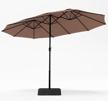 Photo 1 of 15 ft. Market Patio Umbrella 2-Side in Beige With Base and Sandbags
