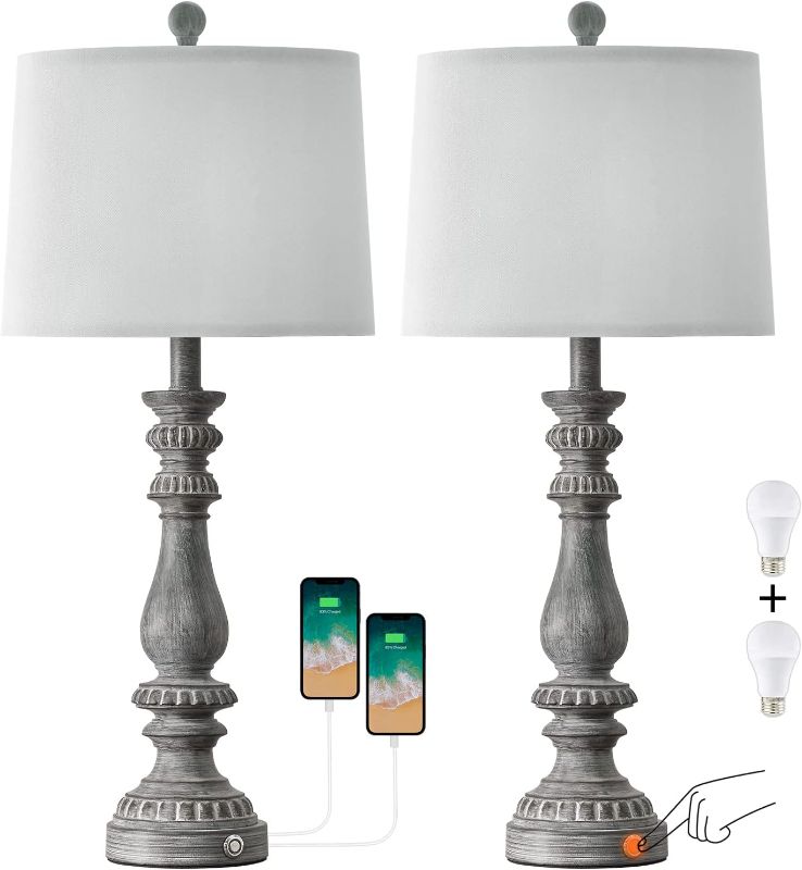 Photo 1 of BOBOMOMO 27" Rustic 3-Way Dimmable Touch Table Lamps for Bedroom Farmhouse Lamp Set of 2 with 2 USB Charging Ports for Living Room Vintage Rustic Traditional Nightstand Lamp (2 Bulbs Included)
