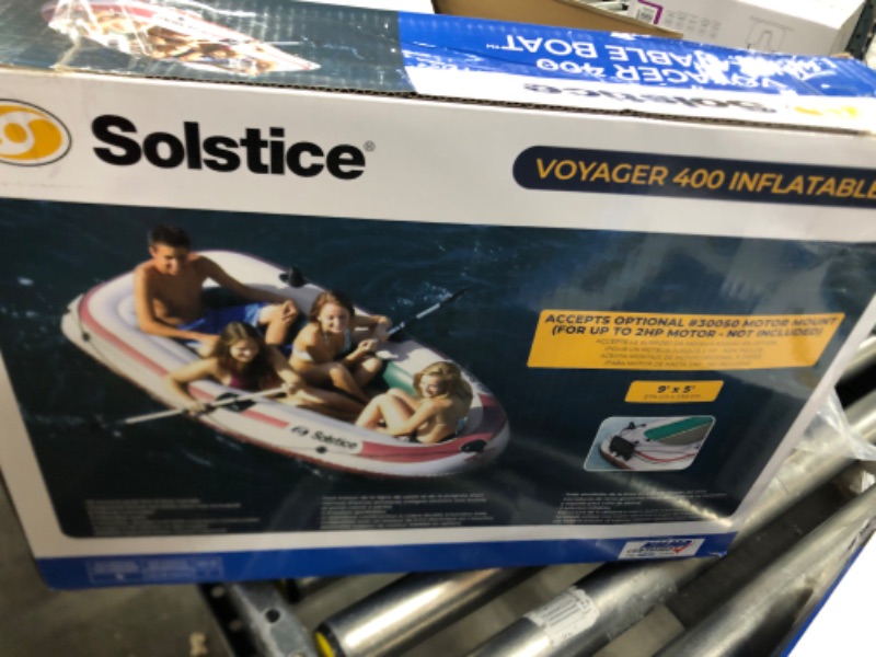Photo 1 of SOLSTICE Inflatable Fishing Boat Rafts 2 to 6 Person Options for Adults Compatible with Motor Comes W/Accessories Pole Holders Cushions Grab Line 6 to 12 Ft Sizes Outdoorsman Voyager Dinghy Air Floor Voyager 4-Person Boat