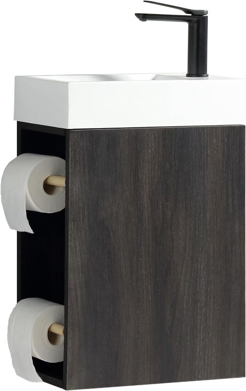Photo 1 of 16“ Bathroom Vanity Sink Combo for Small Space, Modern Wall Mounted Small Bathroom Vanity with Sink, Small Bathroom Sink Cabinet Set with 2 Toilet Paper Holders, Black Wallnut
