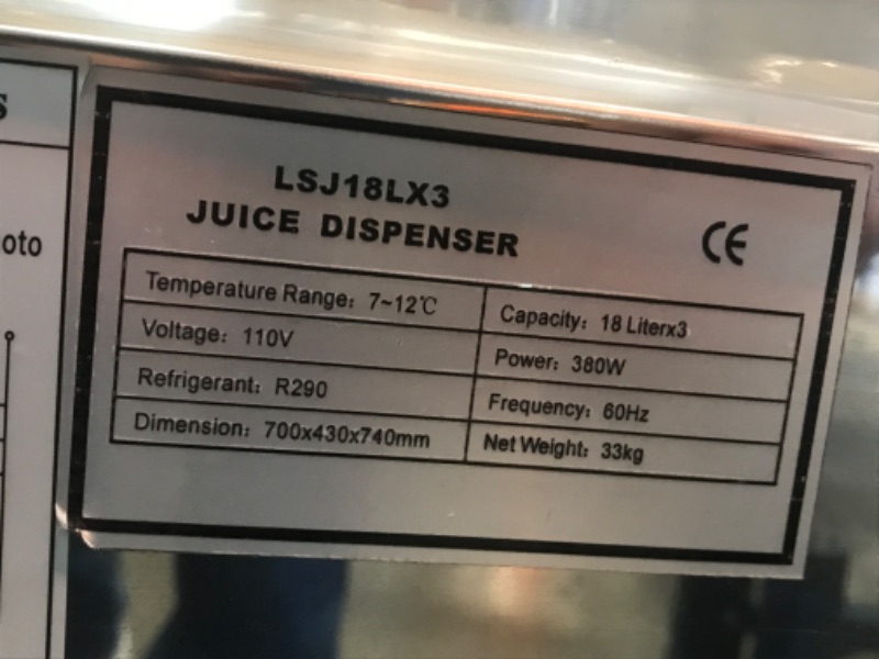 Photo 3 of **INCOMPLETE**VEVOR Commercial Beverage Dispenser, 14.25 Gal, 18L 3 Tanks Ice Tea Drink Machine, 680W 304 Stainless Steel Juice Dispenser with 41?-53.6? Thermostat Controller, for Cold Drink Restaurant Hotel Party