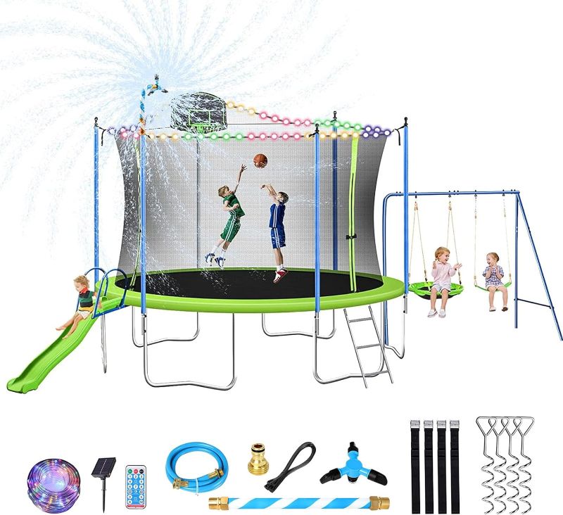 Photo 1 of 12 14FT Trampoline with Slide and Swings, ASTM Approved Large Recreational Trampoline with Basketball Hoop and Ladder,Outdoor Backyard Trampoline with Net, Capacity for 5-7 Kids and Adults
