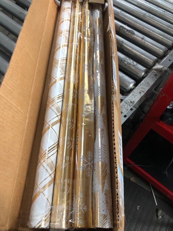 Photo 2 of American Greetings 80 sq. ft. Gold Wrapping Paper Bundle (Snowflakes) for Christmas, Hanukkah, Kwanzaa and All Holidays (4 Rolls 30 in. x 8 ft.) Gold, White, Silver