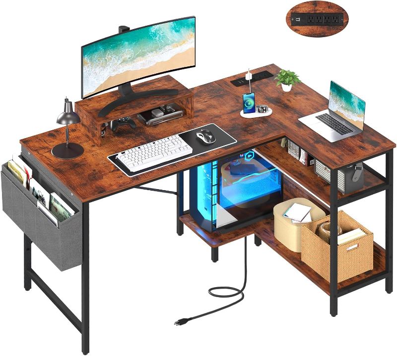 Photo 1 of Homieasy L Shaped Computer Desk with LED Strip & Power Strip, 47 Inch Corner Desk with Monitor Stand Reversible Storage Shelves, Modern Simple Home Office Gaming Desk with Storage Bag(Rustic Brown)