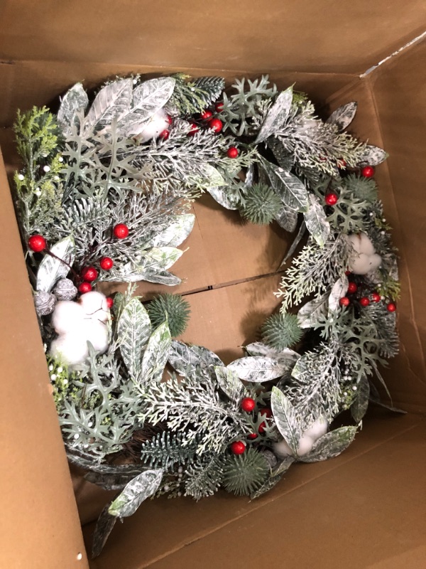 Photo 2 of 24 Inch Christmas Wreath for Front Door, Artificial Greenery Wreath with Cotton, Berries and Frosted Leaves, Outdoor Winter Wreath Window Wall Fireplace Xmas Décor
