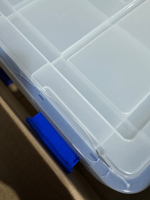 Photo 3 of *SEE NOTES* IRIS USA 60 Quart WEATHERPRO Plastic Storage Box with Durable Lid and Seal and Secure Latching Buckles, Clear With Blue Buckles, Weathertight, 3 Pack 60 Quart - 3 Pack