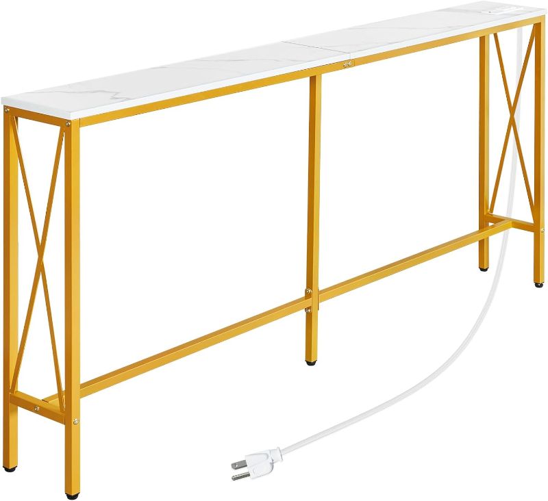 Photo 1 of ELYKEN 7.9” Console Table with Power Outlet, 7.9" Dx63 Wx31.5 H Sofa Table for Living Room, Long Entryway Table with 6.5’ Power Cord, Marble Texture Skinny Couch Table with Golden Metal Frame
