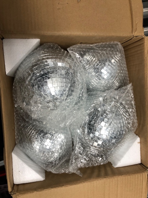 Photo 2 of 4 Pack Large Disco Ball Silver Hanging Disco Balls Reflective Mirror Ball Ornament for Party Holiday Wedding Dance and Music Festivals Decor Club Stage Props DJ Decoration (4 Inch, 20 Inch)