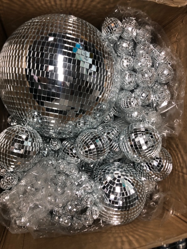 Photo 2 of 200 Pcs Disco Balls Ornament Mini Disco Balls Small Mirror Silver Hanging Decorations Reflective Disco Ball for 70s Disco Themed Party Christmas Tree Birthday Wedding (12, 6, 4, 3, 2, 1 Inch)