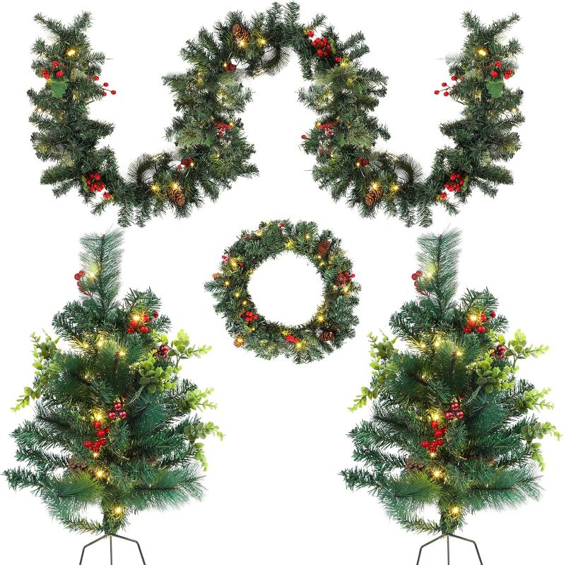 Photo 1 of  Lyrow 4 Pcs Pre Lit Christmas Door Decorations Set Include 2 Christmas Trees and Wreath and Garland LED Lighted Christmas Porch Decorations with Realistic Red Berries Pine Cone for Front Door Porch
                                                        