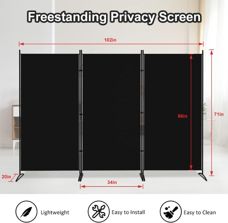 Photo 3 of (LOOSE HARDWARE)  Kokorona 3 Panel Room Divider, 6FT Tall Folding Privacy Screen Wall Dividers, Portable Privacy Screen Freestanding Room Divider for Room Separation, Included - Cover Strips, Black, 102''W x 71''H