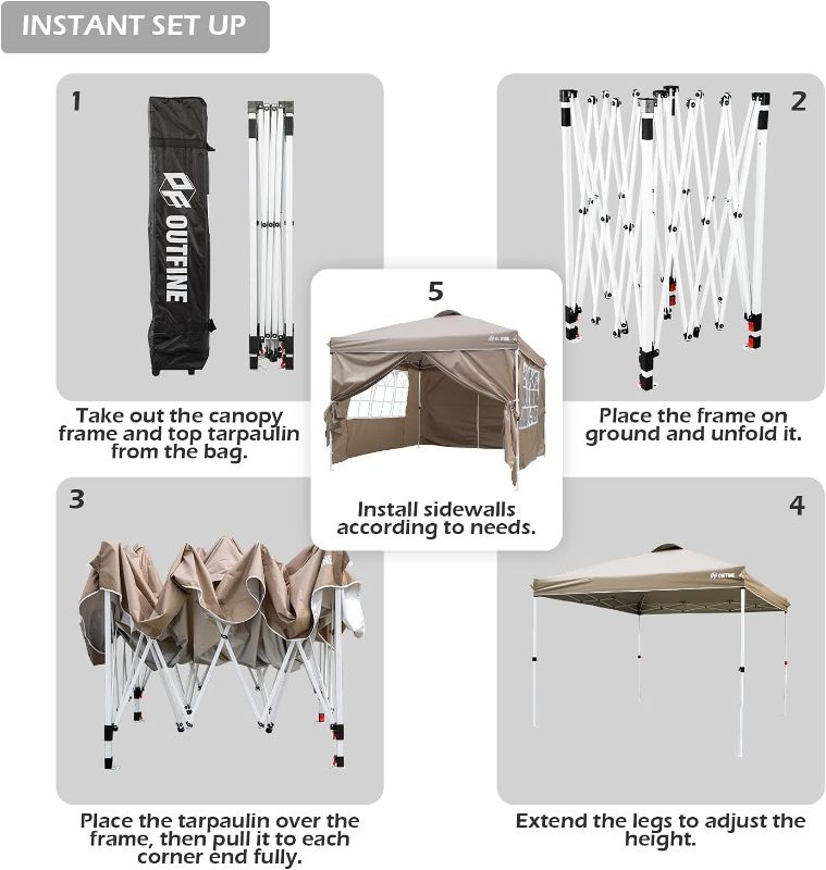 Photo 5 of OUTFINE Patio Canopy 10'x10' Pop Up Commercial Instant Gazebo Tent, Outdoor Party Canopies with 4 Removable Sidewalls, Stakes x8, Ropes x4 (Khaki, 10 * 10FT)
