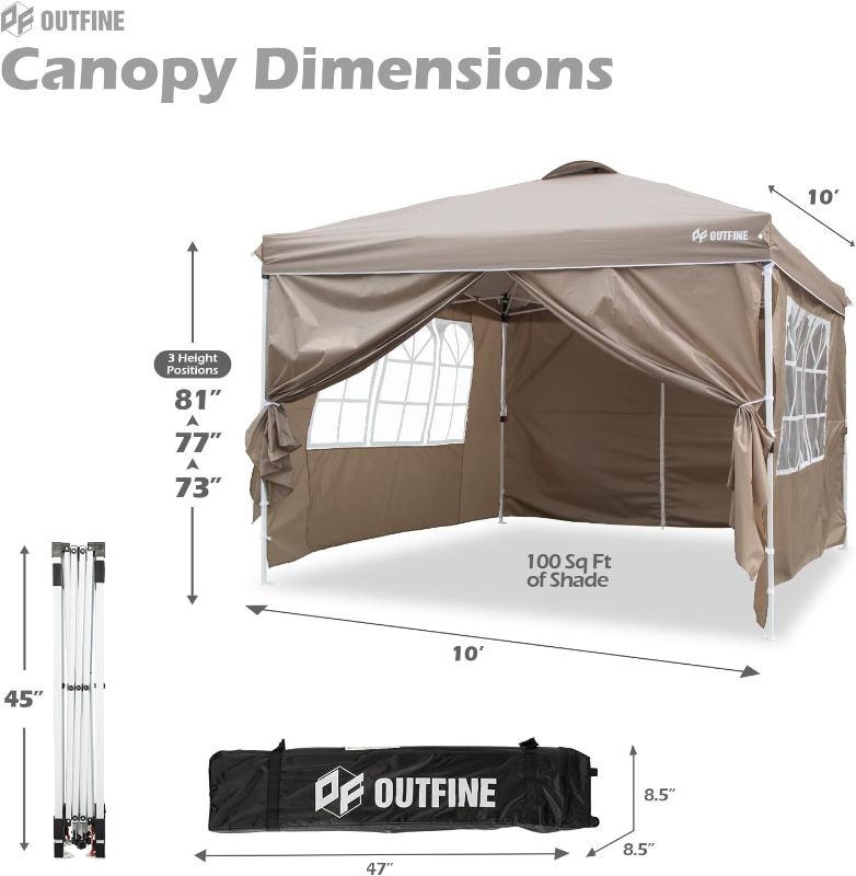 Photo 4 of OUTFINE Patio Canopy 10'x10' Pop Up Commercial Instant Gazebo Tent, Outdoor Party Canopies with 4 Removable Sidewalls, Stakes x8, Ropes x4 (Khaki, 10 * 10FT)
