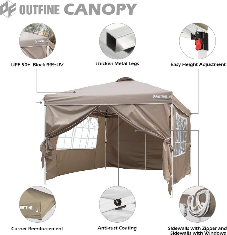 Photo 2 of OUTFINE Patio Canopy 10'x10' Pop Up Commercial Instant Gazebo Tent, Outdoor Party Canopies with 4 Removable Sidewalls, Stakes x8, Ropes x4 (Khaki, 10 * 10FT)
