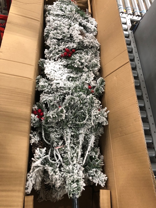 Photo 2 of 6.5ft Prelit Pencil Christmas Tree Snow Flocked Artificial Slim Christmas Tree 250 Warm White Lights 550 Full Snow Branch Tips Pinecone Red Berries White Xmas Tree Holiday Christmas Decoration Indoor Snow Flocked-warm Lights