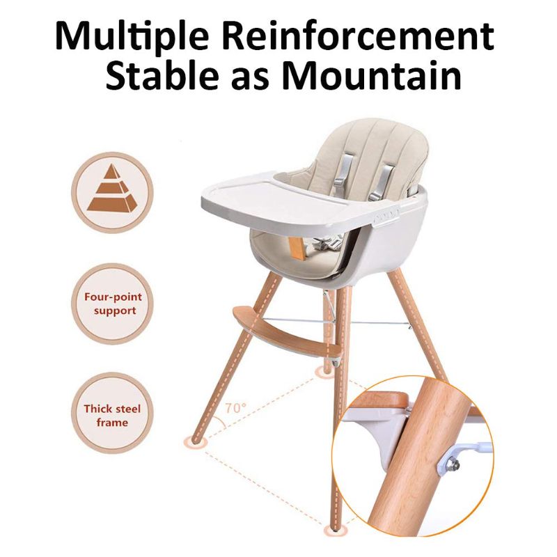 Photo 3 of Foho Baby High Chair, Perfect 3 in 1 Convertible Wooden High Chair with Cushion, Removable Tray, and Adjustable Legs for Baby & Toddler (Beige)