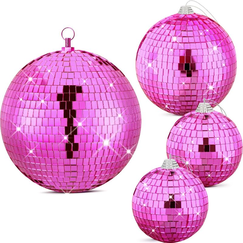 Photo 1 of 
4 Pcs Large Pink Disco Ball Mirror Disco Ball 70s Mellow Pink Disco Ball Hanging Disco Ball Stage Lightning Effect Ball for 70s Theme Party DJ Stage Props Wedding Birthday Decoration(8", 6", 4")
