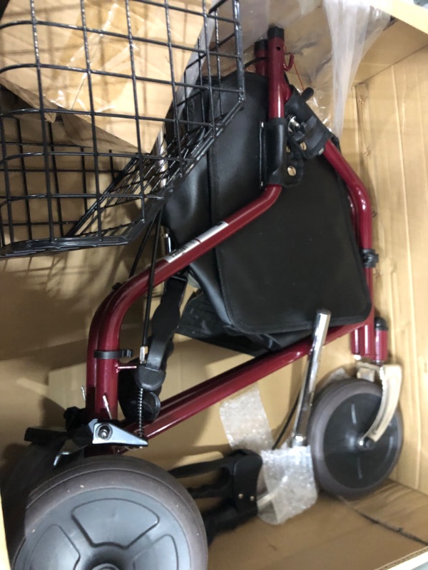 Photo 2 of Medline MDS86840TRIR 3-Wheel Ultralight Rollator, Steel Frame, Includes Wire Basket and Storage Bag, Supports up to 275 lbs, 8" wheels, Red