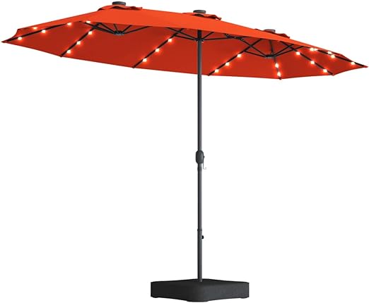 Photo 1 of (READ NOTES) FREE SOLDIER 13FT Double-Sided Patio Umbrellas With 36 LED Lights, Outdoor Extra Large Umbrella with Crank, Market Twin Table Umbrella with Solar lights for Patio Garden Yard Pool (Burgundy) 13 ft with light