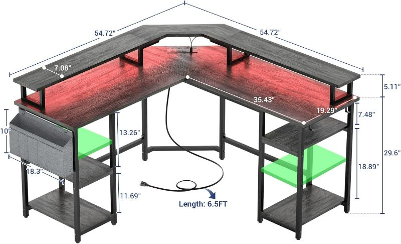 Photo 3 of Aheaplus L Shaped Gaming Desk with Power Outlets & LED Lights, Corner Computer Desk with Monitor Stand and Storage Shelf, Home Office Writing Desk with Storage Bag, Rustic Brown
