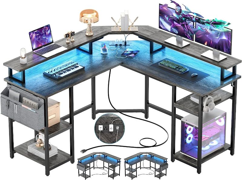 Photo 1 of (READ FULL POST) Aheaplus L Shaped Gaming Desk with Power Outlets & LED Lights, Corner Computer Desk with Monitor Stand and Storage Shelf, Home Office Writing Desk with Storage Bag, Rustic Brown
