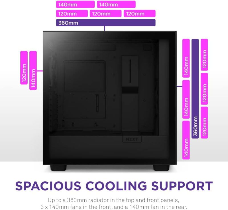 Photo 4 of (READ NOTES) NZXT H7 Flow RGB CM-H71FB-R1 - Compact ATX Mid-Tower PC Gaming Case – High Airflow Perforated Front Panel – Tempered Glass Side Panel – 3 x F140 RGB Core Fans Included – 360mm Radiator Support – Black H7 Flow RGB fan Black