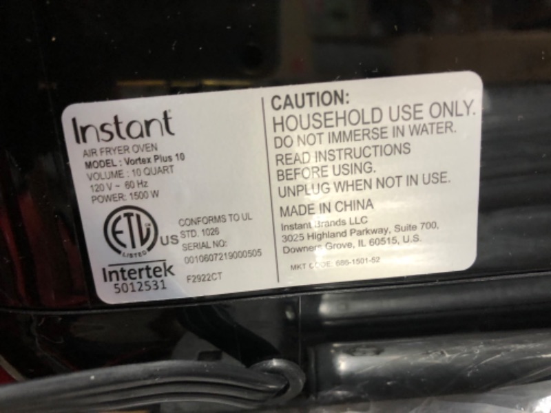 Photo 2 of ***USED - UNABLE TO TEST***
Instant Pot 10QT Air Fryer, 7-in-1 Functions with EvenCrisp Technology