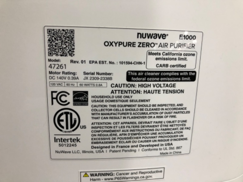 Photo 4 of ***USED - POWERS ON - UNABLE TO TEST FURTHER***
Nuwave OxyPure ZERO Smart Air Purifier, Large Area up to 2,002 Sq Ft, Dual 4-Stage Air Filtration, Adjustable