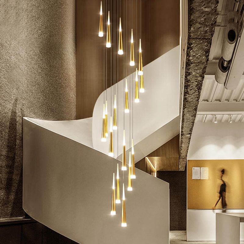 Photo 1 of JAYMP Golden Meteor Shower Chandeliers for Staircase High Ceiling Spiral Restaurant Hotel Loft Modern LED Hanging Lamp (Gold, 9 Lights)