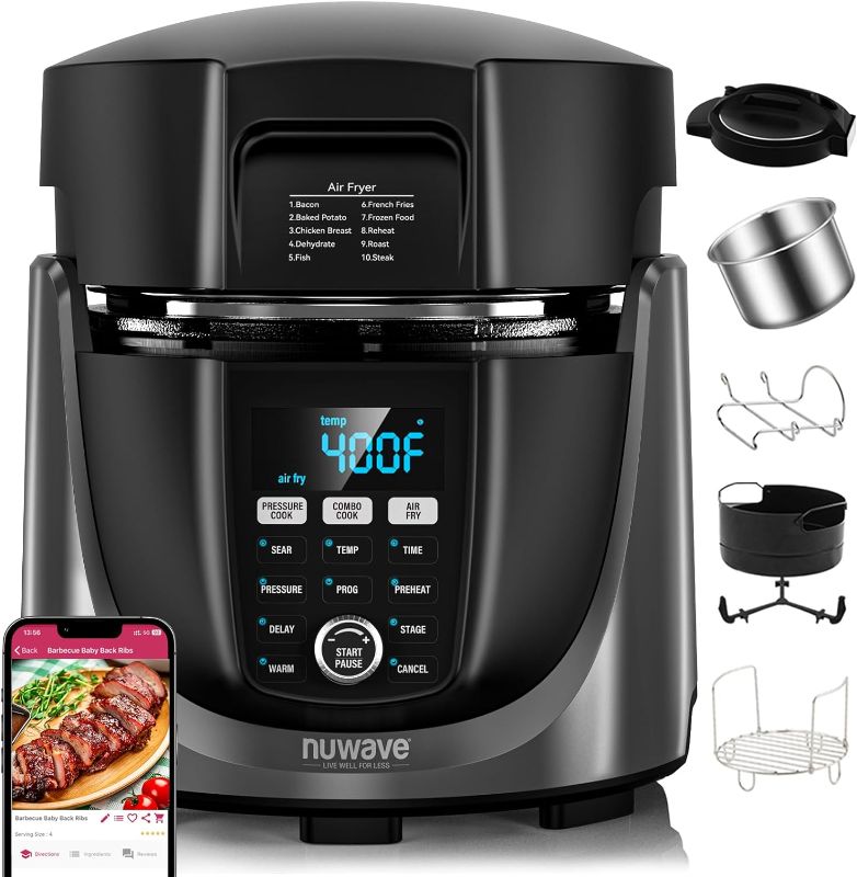 Photo 1 of Nuwave Duet Air Fryer & Electric Pressure Cooker, 540-in-1 Highly Programmable One-Touch Cooker, 105kPa, Crisp&Tender Flavor Combo For Food, 18/10 SS Pot w/t Sure Lock Safety Sym, Lifetime CS Support
