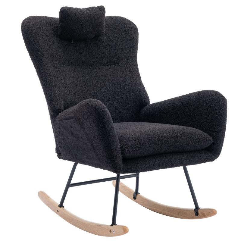 Photo 1 of 35.5 inch Ergonomics Rocking Chair with Pocket, Soft Rocking Chair with Teddy Fabric and, Comfy Wingback Glider Rocker with Sage Solid Wood Base and Legs for Living Room, Bedroom, Balcony, Black
