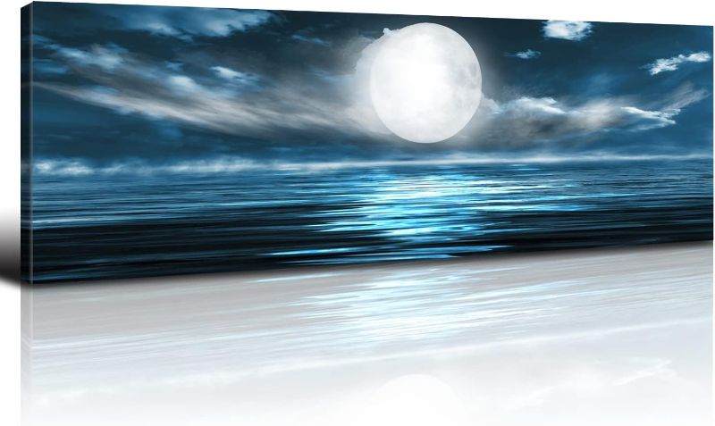 Photo 1 of *Not Exact* Moon Sea Wall Art Blue Wall Decor for Bedroom Pictures for Wall Over Bed, Ocean Seascape Canvas Poster Print Nature Full Moon in Night Landscape Painting Modern Office Artwork Home Decorations 14x48”
