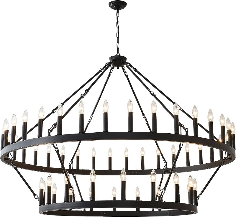 Photo 1 of 2 Tier 60 Inch Large Wagon Wheel Chandelier Farmhouse,54-Light Black Industrial Ceiling Pendant Light Fixture Round Rustic Hanging Lighting outdoor modern wheel chandelier for porch, high Ceilings
