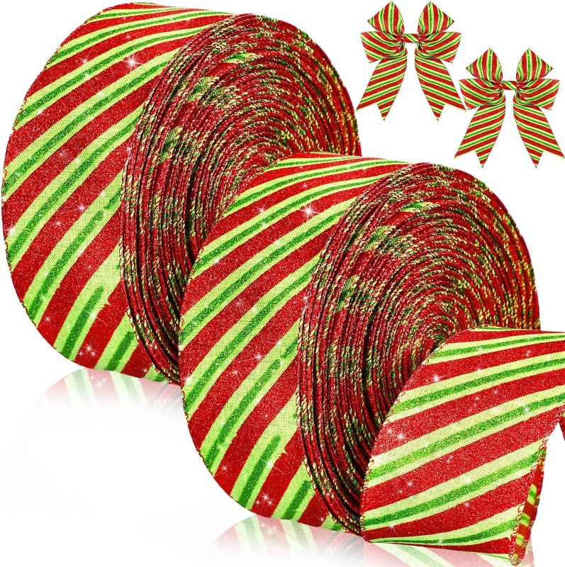 Photo 1 of 2 Rolls Christmas Ribbon Spiral Wired Dots with Stripes Wired Wrapping Colorful Fabric Ribbon Xmas Decorative Ribbons for Christmas Decor Supplies 2.5 Inch (Stripe Style,50 Yard Long)
