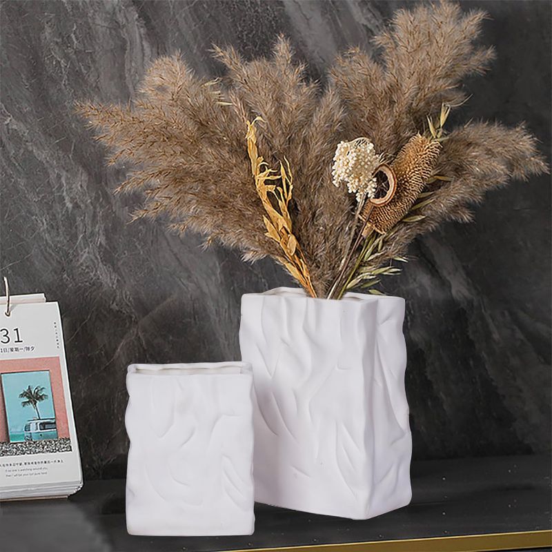 Photo 1 of 2 Pieces Pleated Ceramic Vase Crinkle Paper Bag Shape Large Flowers Vase Set 2 Unique Minimalist Vase Decorative Pampas Vase Decor for Living Room Bookshelf Table Office Shelf