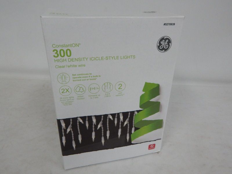 Photo 1 of New GE 300 Constant on High Density Icicle Lights 5270939 Clear White Wire 8.8FT
