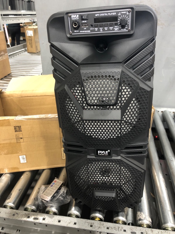 Photo 2 of Pyle Bluetooth PA Speaker System - 600W Rechargeable Outdoor Bluetooth Speaker Portable PA System w/ Dual 8” Subwoofer 1” Tweeter, Microphone In, Party Lights, USB, Radio, Remote - Pyle PPHP2836B Speaker System Speaker System