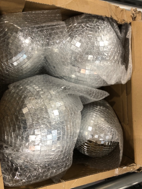 Photo 2 of 4 Pack Large Disco Ball Silver Hanging Disco Balls Reflective Mirror Ball Ornament for Party Holiday Wedding Dance and Music Festivals Decor Club Stage Props DJ Decoration (4 Inch, 20 Inch)