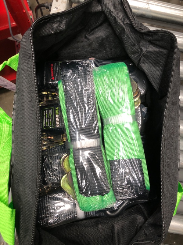 Photo 1 of RHINO USA Ratchet Straps Tie Down Kit, 5,208 Break Strength - Includes (4) Heavy Duty Rachet Tiedowns with Padded Handles & Coated Chromoly S Hooks + (4) Soft Loop Tie-Downs Green 4-Pack 1.6" x 8'