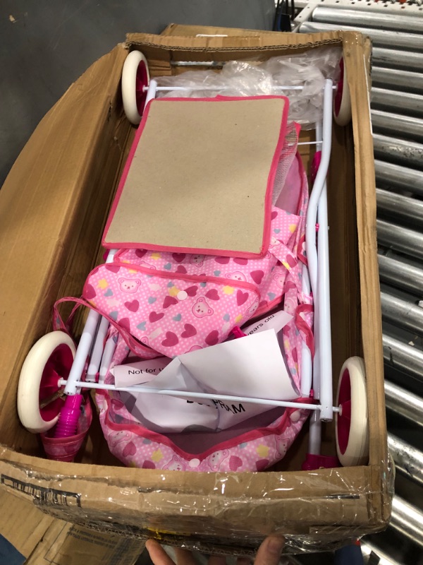 Photo 2 of Deluxe Toy Pram for 18” Baby Dolls- Foldable, Pink Carriage with Diaper Bag, Storage Basket and Canopy for Little Girls, Boys, and Kids by Hey! Play!