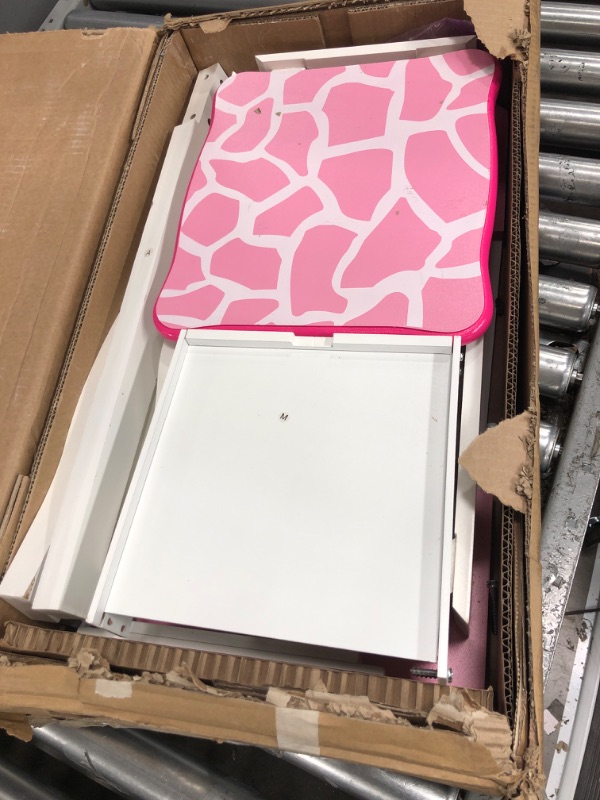 Photo 2 of **PARTS ONLY NON REFUNDABLE NO RETURNS SOLD AS IS ***Teamson Kids Princess Gisele Giraffe Print 2-Piece Kids Wooden Play Vanity Set with Vanity Table, Tri-Fold Mirror, Storage Drawer, and Matching Stool, White with Pink Animal Print Accent