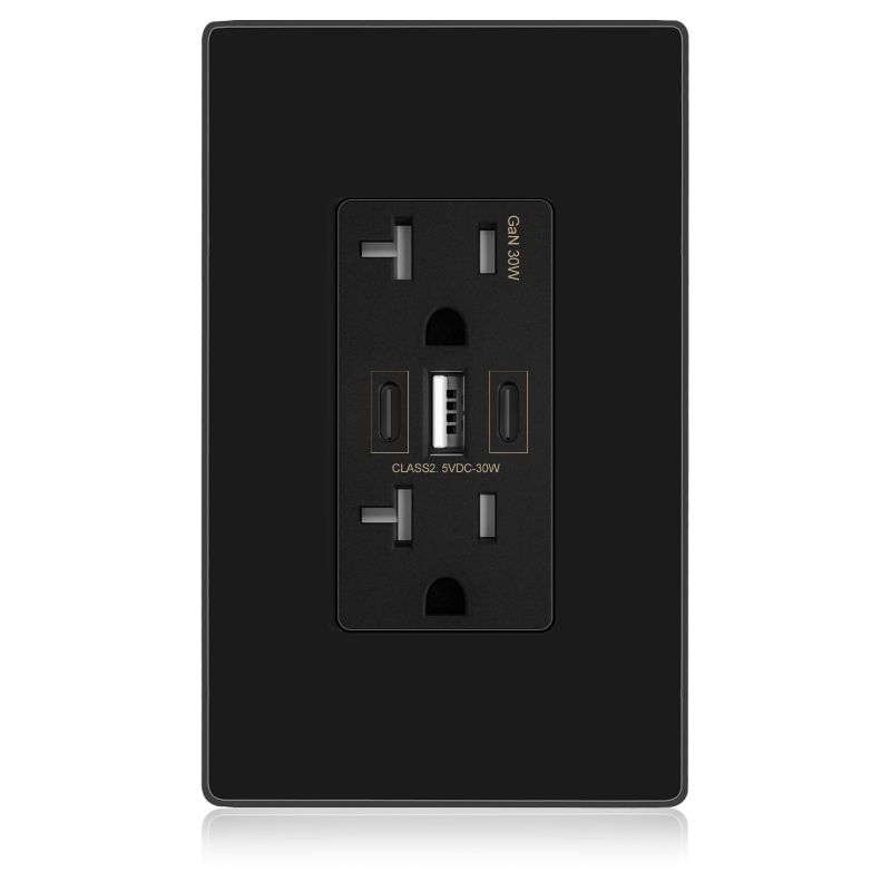 Photo 1 of Amerisense GaN 30W 6Amp 3-Port USB Wall Outlet, 20 Amp Tamper-Resistant Receptacle with 2 USB Type C & 1 Type A Port, USB Charger for iPhone/iPad/Samsung/LG/HTC, UL Listed,Black
