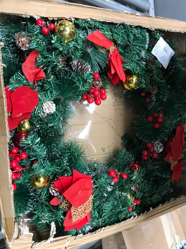 Photo 2 of 30 Inch Super Large Snowy Prelit Christmas Wreath for Front Door Timer 80 Warm Lights Dual Frame 4 Poinsettia 8 Balls 220 Branch 12 Pinecone 60 Red Berries Battery Operated Christmas Decoration Home Warm White 30 Inch