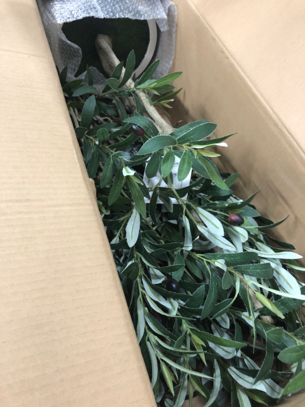 Photo 2 of ***USED - MAJOR DAMAGE - BASE CRACKED - SEE PICTURES***
LOMANTO Artificial Olive Trees, 7 ft Tall Fake Olive Trees for Indoor, Faux Olive Silk Tree, Large Olive Plants with White Planter for Home Decor and Housewarming Gift, 1 Pack