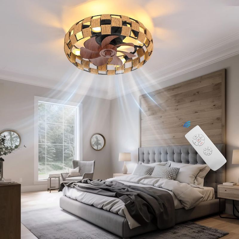 Photo 1 of **READ NOTES BELOW***Sunny Hawaii Woven Caged Ceiling Fans with Lights and Remote, 18" Hemp Low Profile Bladeless Flush Mount Enclosed Boho Ceiling Fan Light for Living Room, Bedroom, Include 4 Bulbs
