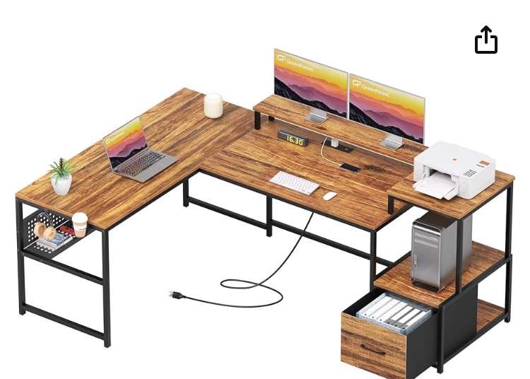 Photo 1 of GreenForest L Shaped Desk with Drawers and Printer Stand, 69 inch Home Office Computer Desk with Power Outlet, Monitor Shelf, Storage Shelves and Hooks for Writing, Studying, Working, Walnut